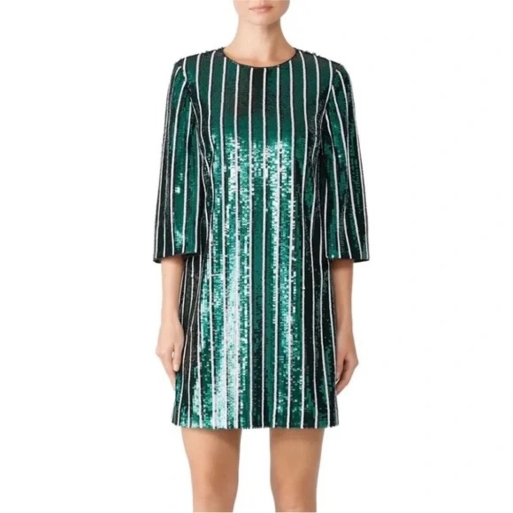 Badgley Mischka Sequin Shift Dress Women’s‎ 4 Green, White Stripe